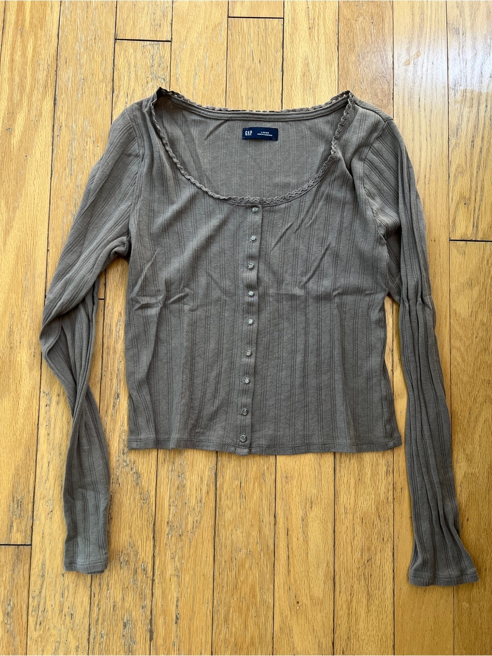 GAP Ribbed Long-Sleeve Button-Front Top in Taupe